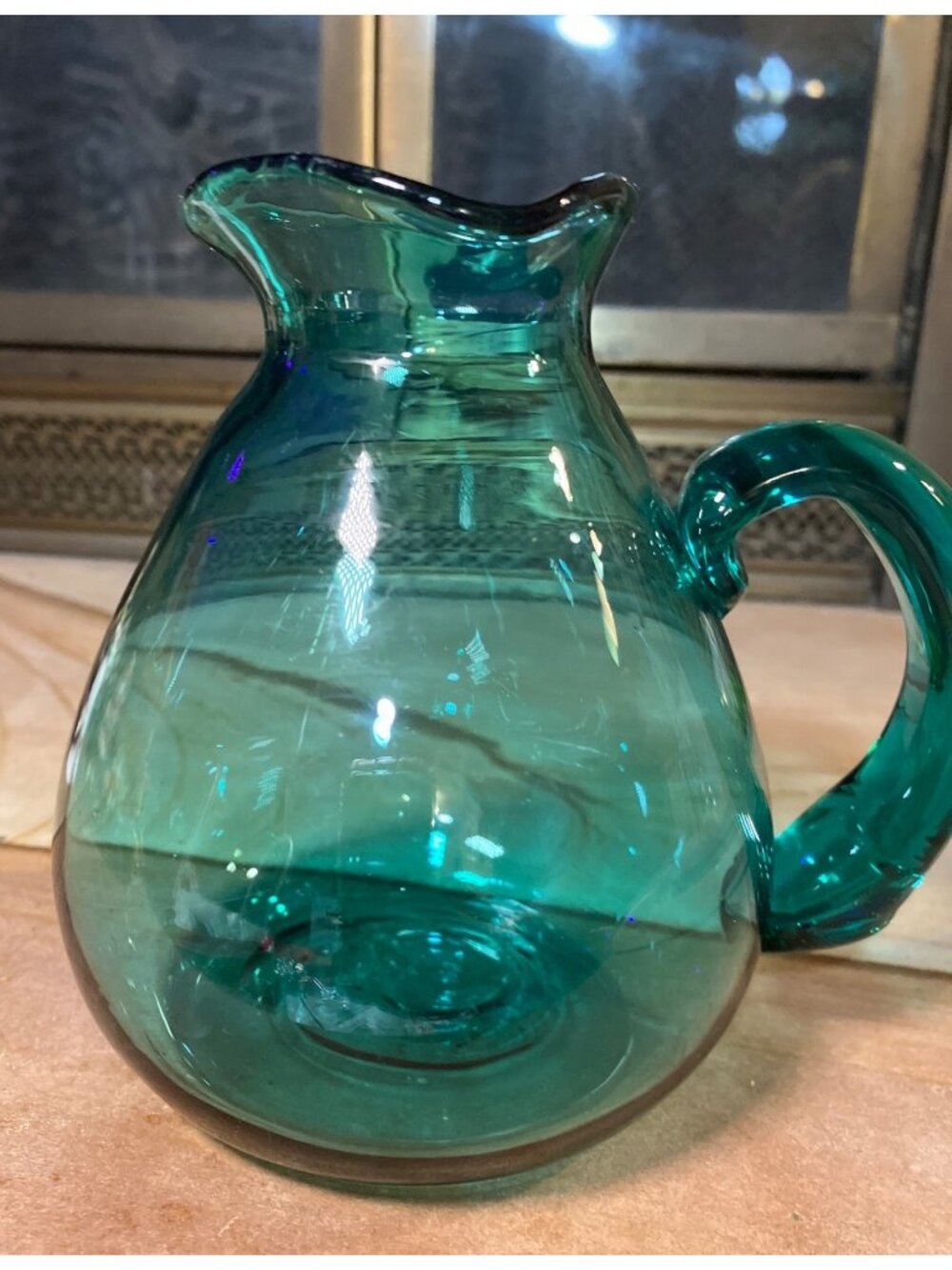 Glass Teal Pitcher With Handle And Spout  Vintage